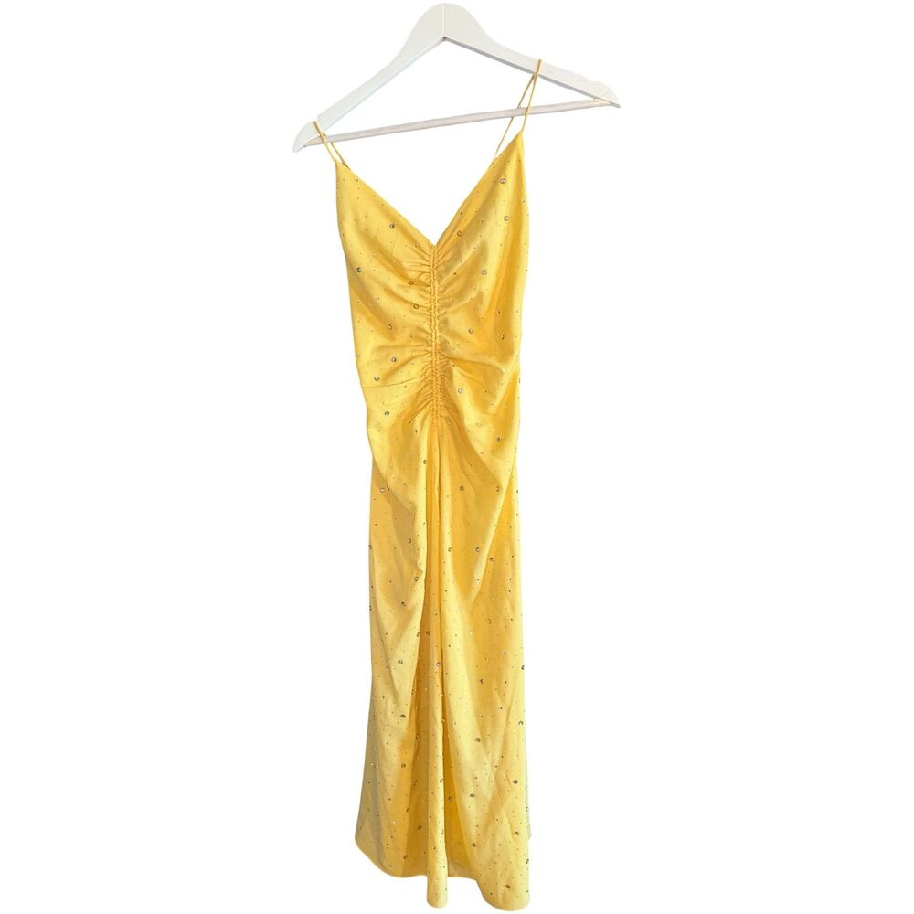 Sandro Praline Rhinestone Maxi Dress Yellow Plunge V-Neck Crossover Strap Sz 38 - Picture 7 of 15